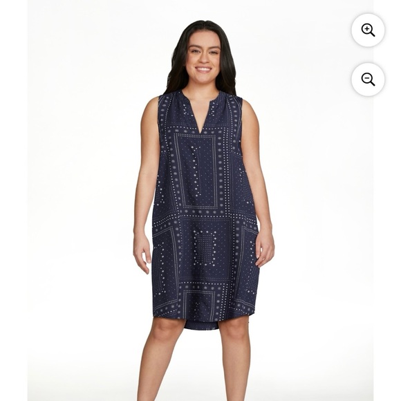 Time & Tru Women Sleeveless Tank Navy White Dress Pockets Sz L 12-14 Split Neck - Picture 2 of 9